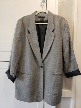 Vintage Halston Black & White Lightweight Wool Mini Houndstooth Blazer Size 14